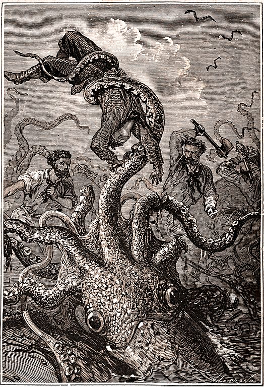 Squid holding sailor by Alphonse de Neuville & Édouard Riou, from Hetzel edition of 20000 Leagues Under the Sea, p. 400.